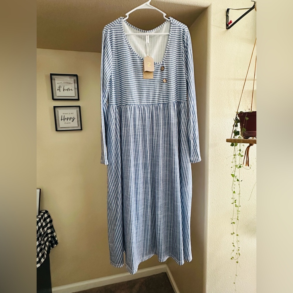 Zolucky light blue flare midi striped dress v-neck